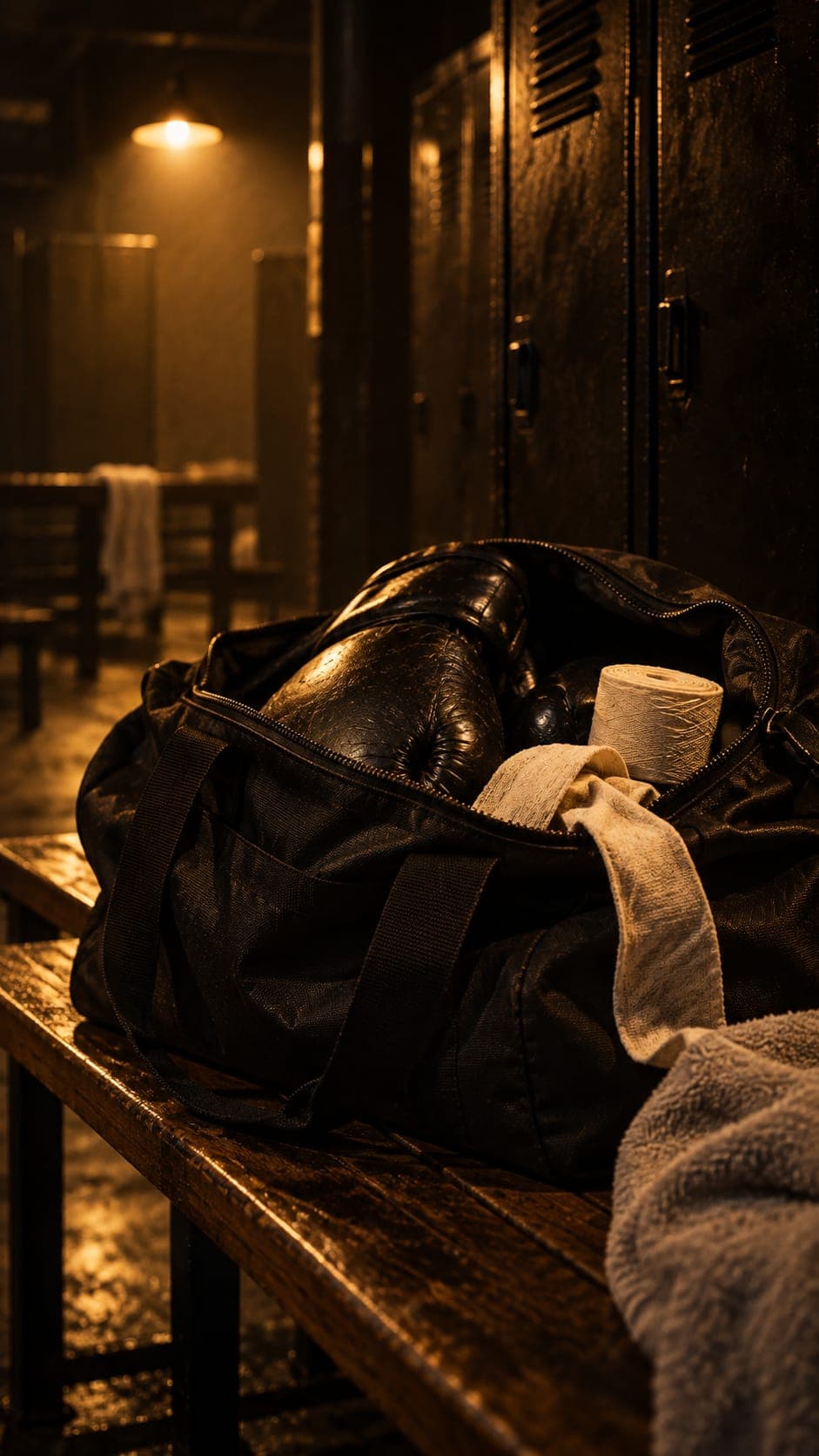 Una bolsa de deporte abierta, con los guantes y las vendas, en el vestuario