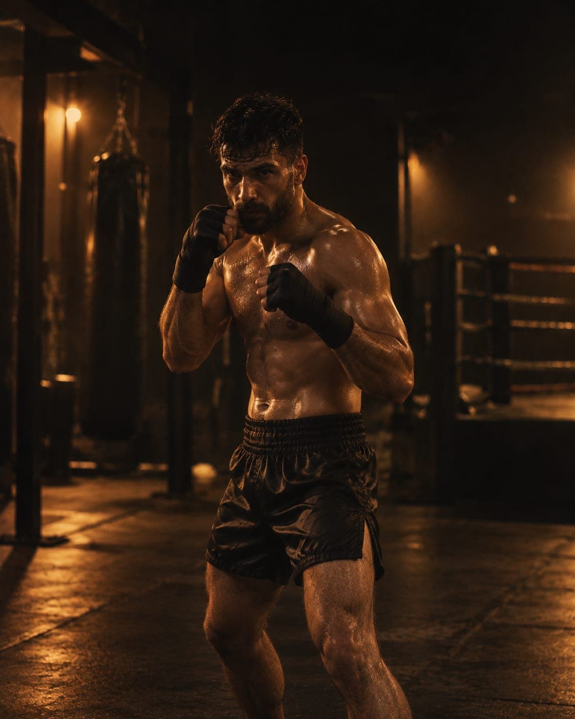 Peleador de muay thai en guardia