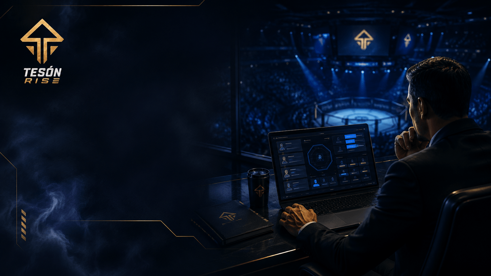 Organizador revisando el roster de su evento frente a una arena de competición
