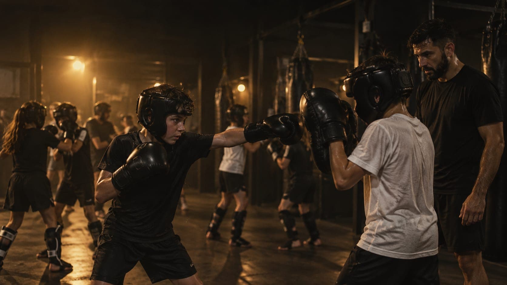 Clase infantil con casco y guantes, con el entrenador al lado