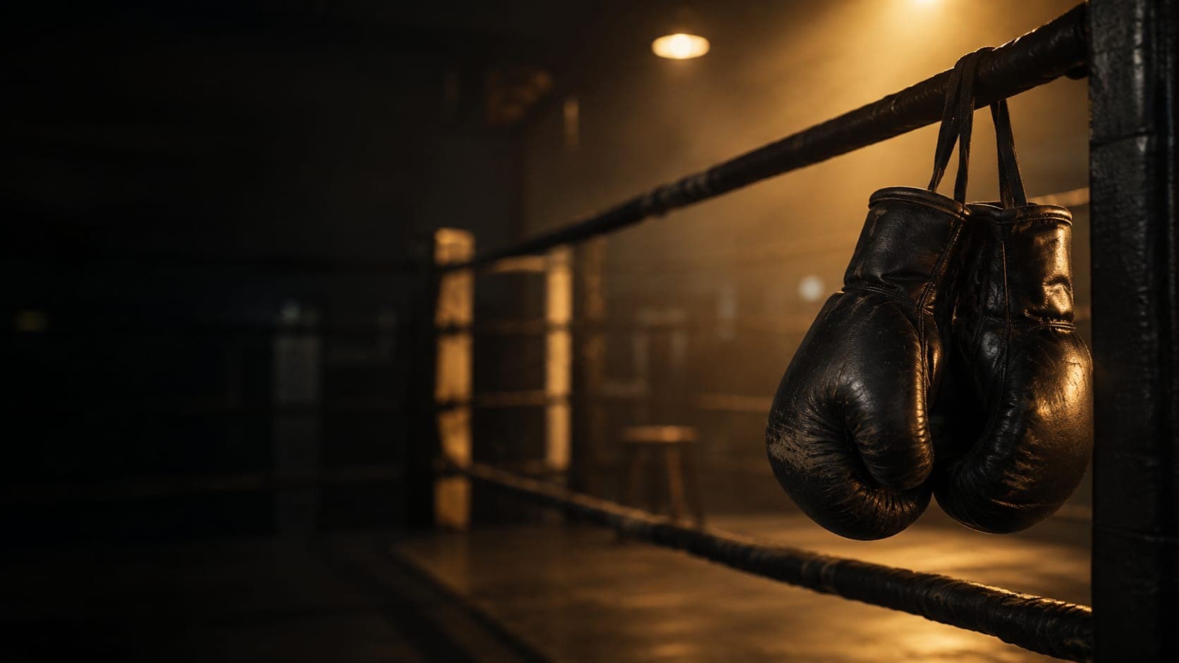 Guantes de boxeo colgados de las cuerdas del ring