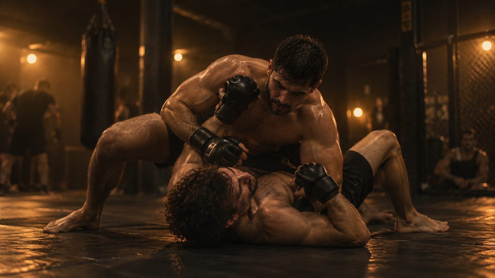 Dos luchadores de MMA entrenando en el suelo