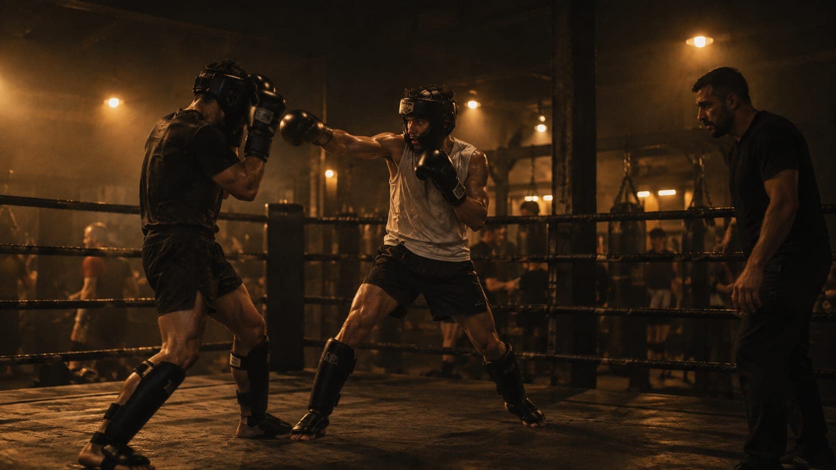 Dos alumnos hacen sparring de kickboxing con el entrenador al lado