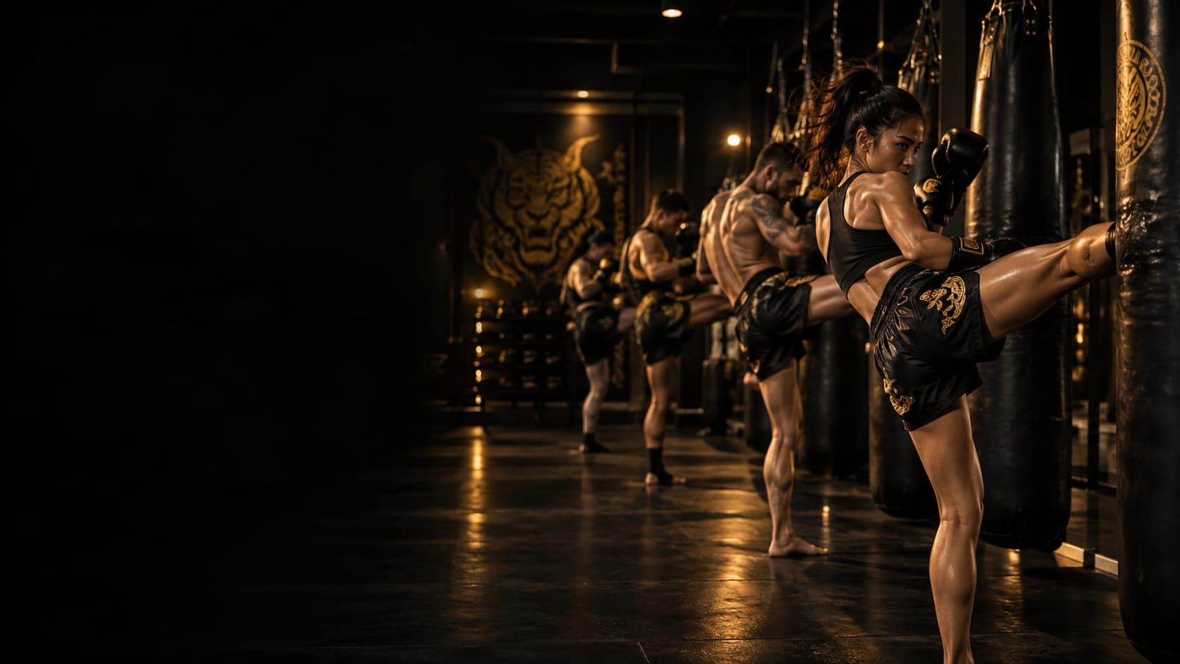 Clase de muay thai: alumnos en fila lanzando patadas a los sacos