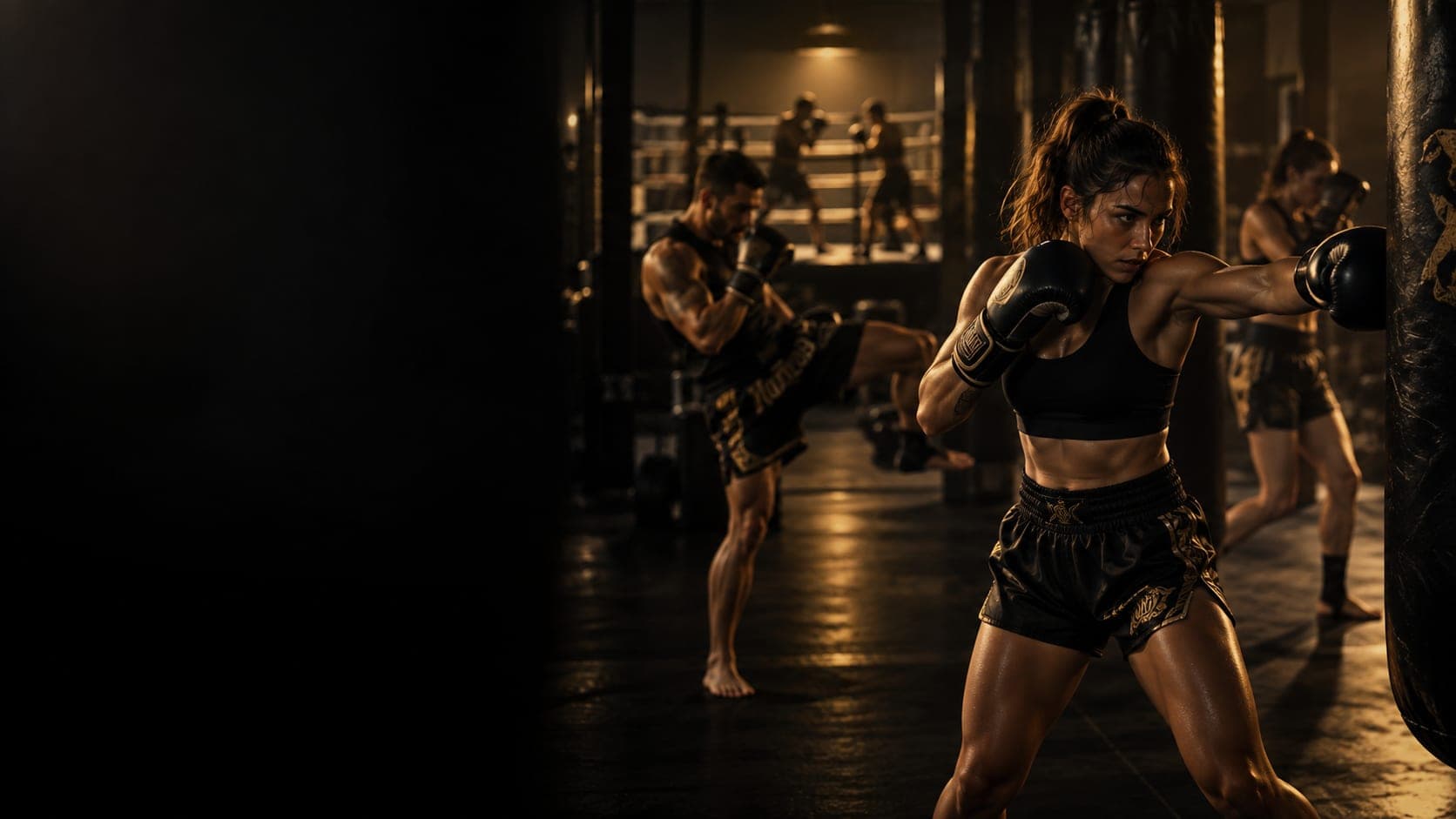 Clase de kickboxing: una alumna golpea el saco y al fondo, el ring