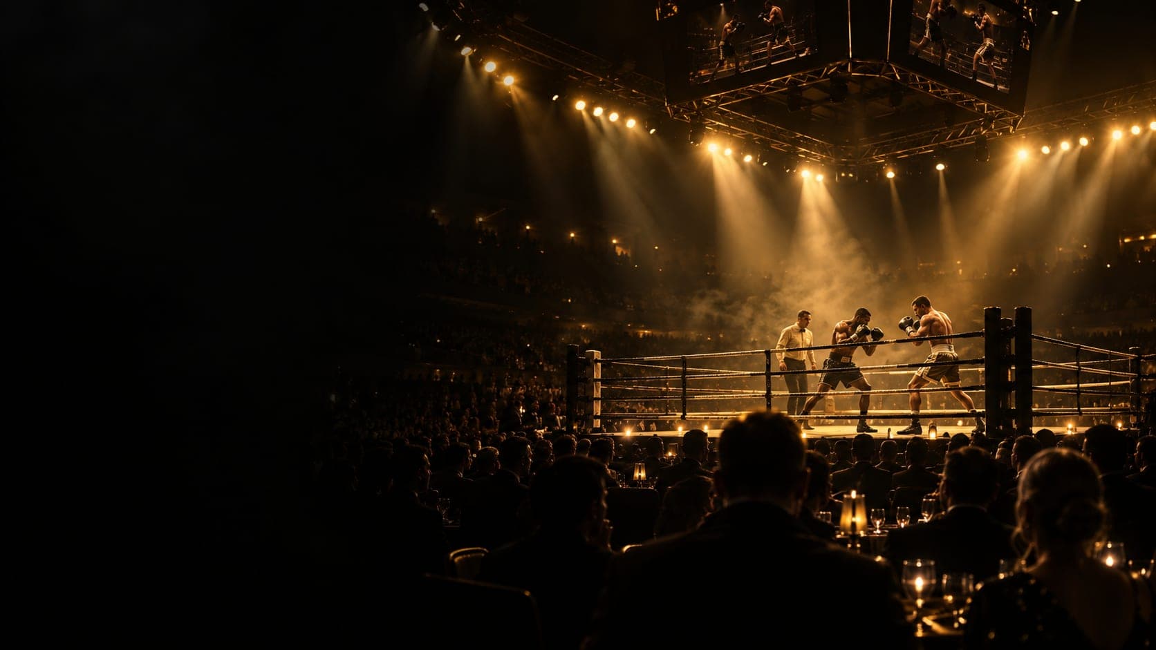Una velada de boxeo: el ring bajo los focos y el público en penumbra